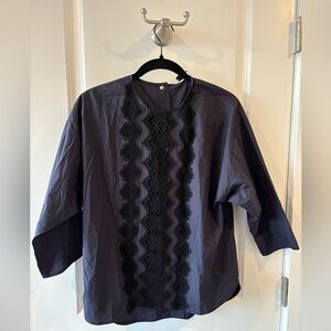 Sandro Navy Blouse with Black Lace Detail